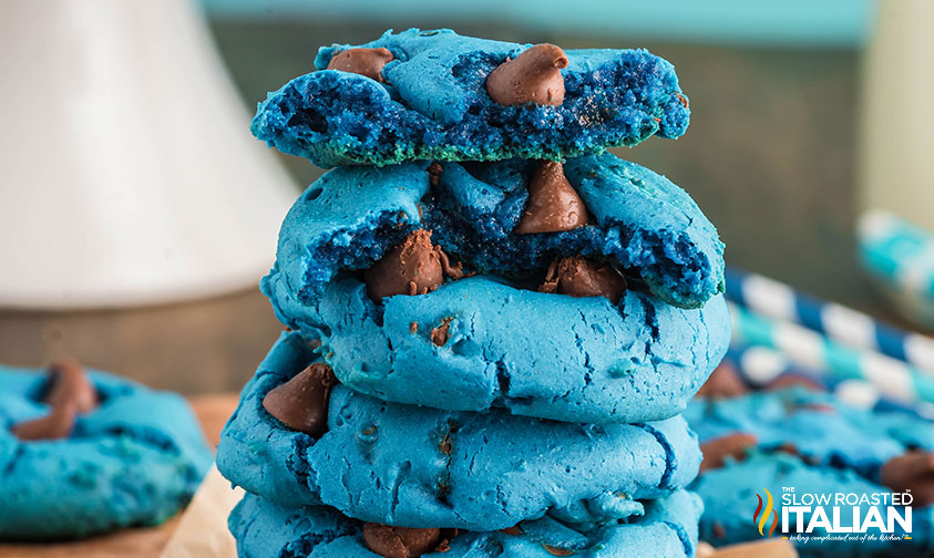stacked blue chocolate chip cookies closeup