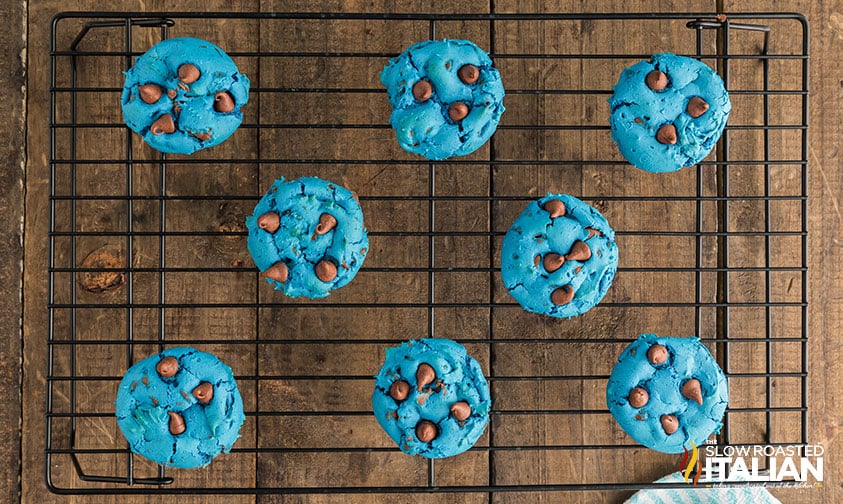 blue chocolate chip cookies on a cooling rack