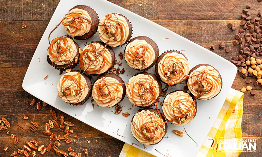 tray of chocolate and caramel cupcakes