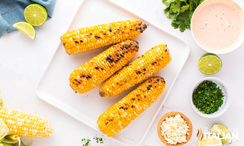 grilled corn on a plate with toppings and sauce to the side