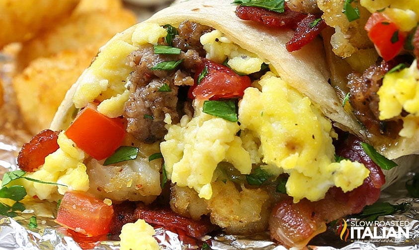 closeup of a breakfast burrito