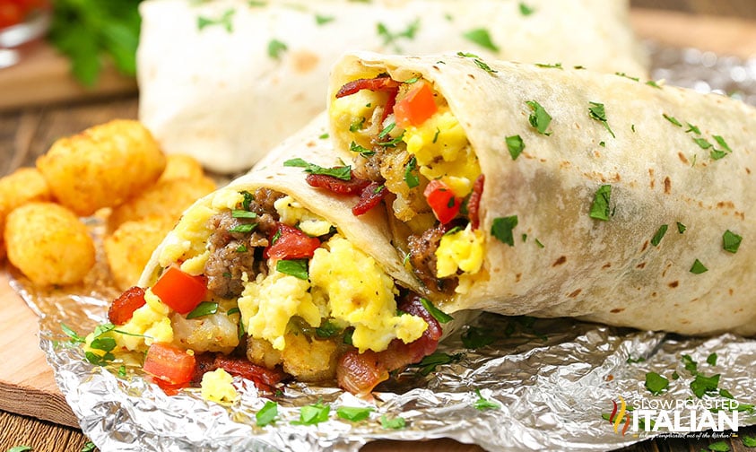 sliced and stacked breakfast burrito
