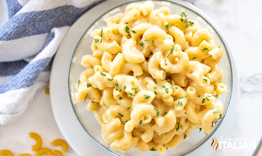 top view of a bowl of creamy instant pot mac and cheese