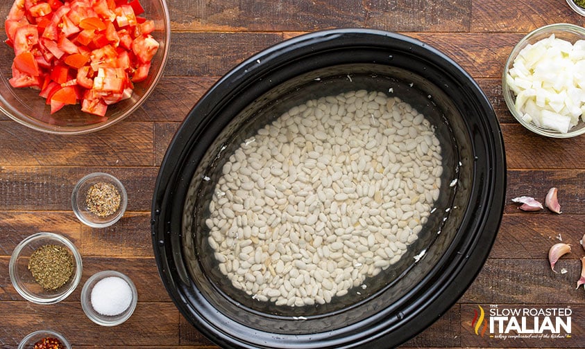 dried white beans and water in a crock pot