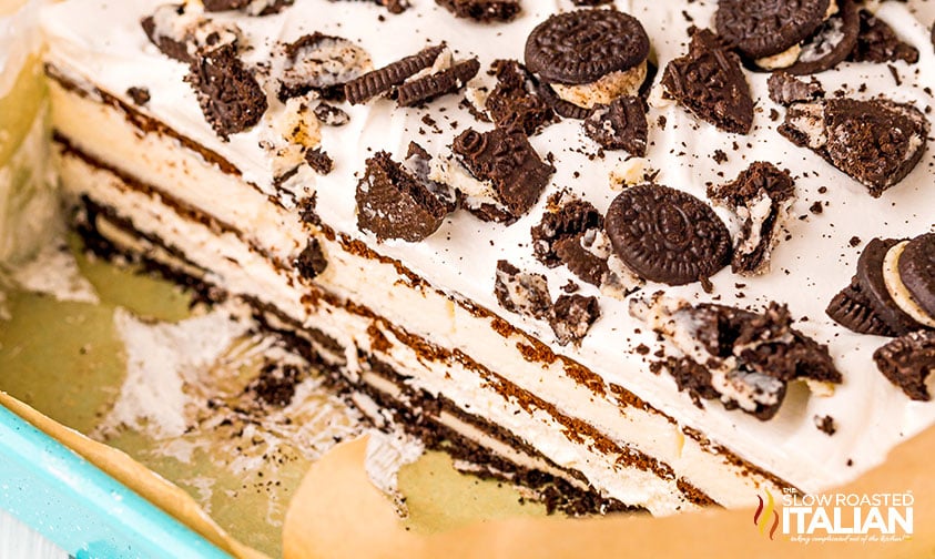 layered oreo ice cream cake in pan