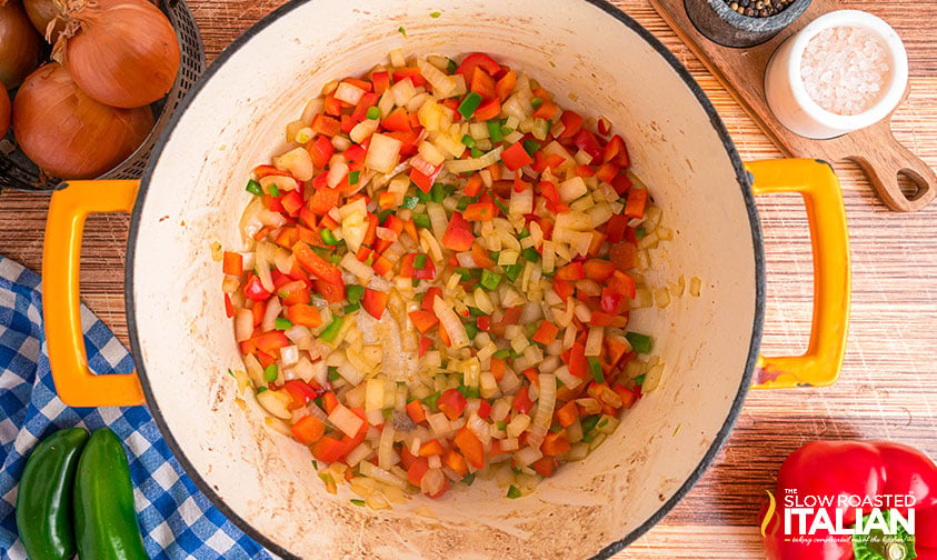 onion, peppers and garlic in a large pot