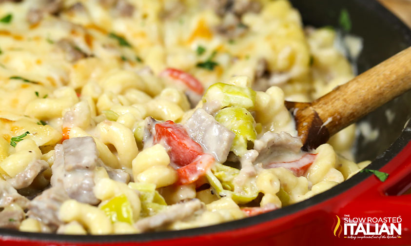 closeup of steak mac and cheese