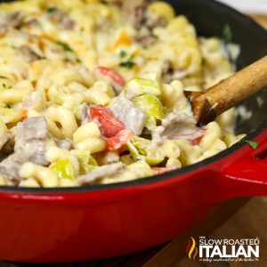 pot of steak mac and cheese