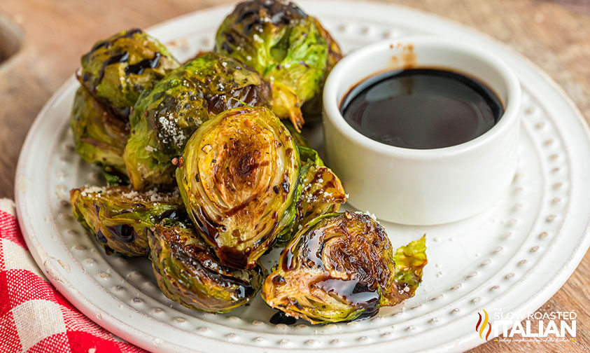 plate of crispy balsamic brussel sprouts
