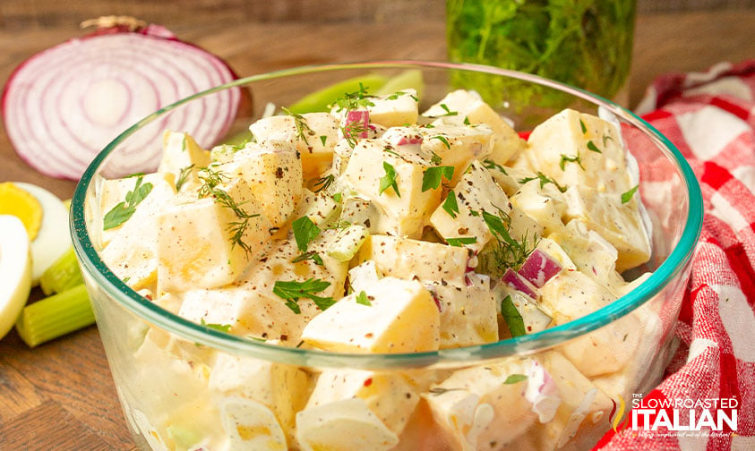 glass bowl of smoked potato salad