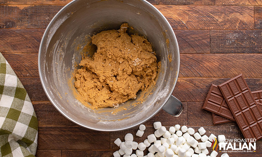 s'mores bars dough in a mixing bowl