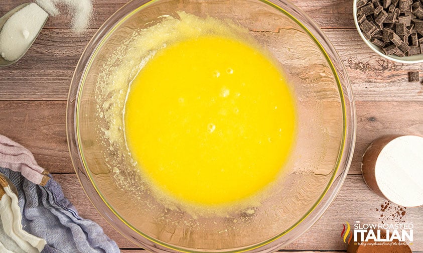 wet ingredients in a mixing bowl for brownies