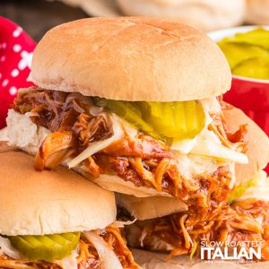 closeup of pulled chicken sliders