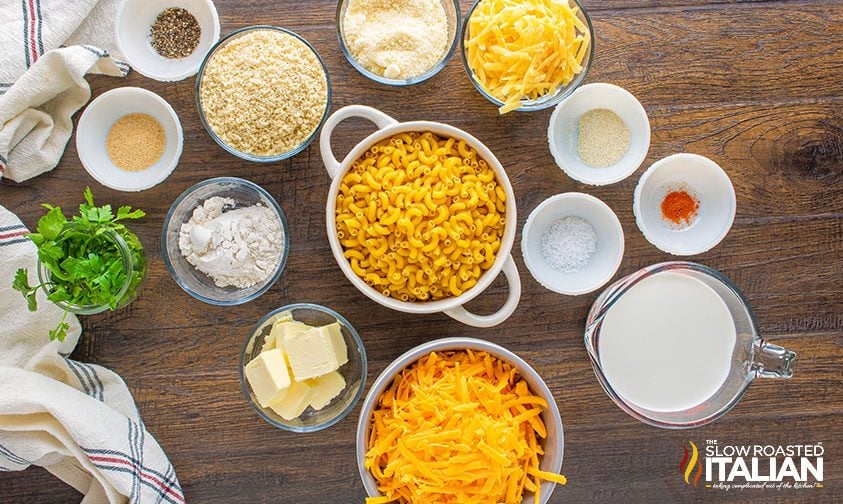 measured ingredients to make baked mac and cheese