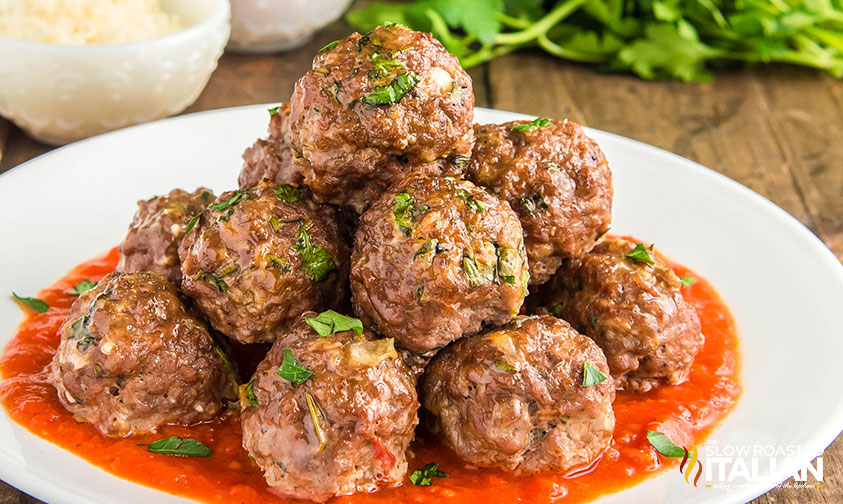 plate full of stacked low carb meatballs