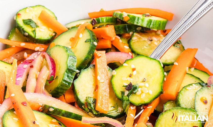 closeup of asian cucumber and carrot salad