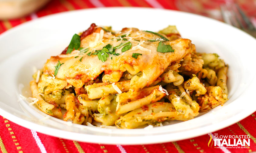 chicken pesto pasta bake in a white bowl