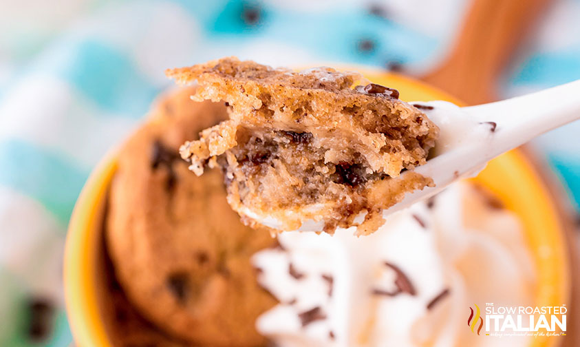 bite of chocolate chip mug cake in a spoon