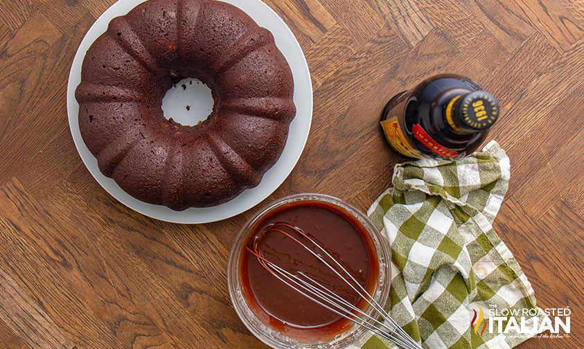whisking chocolate glaze for death by chocolate bundt cake