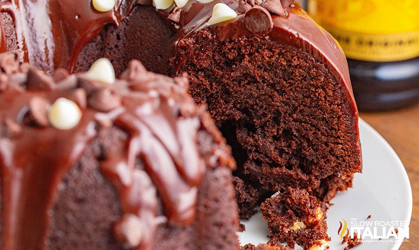 sliced chocolate bundt cake with glaze