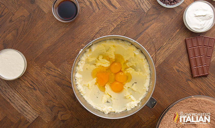 creamed butter and sugar in a bowl with eggs