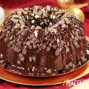 chocolate bundt cake with glaze and chocolate chips on a plate