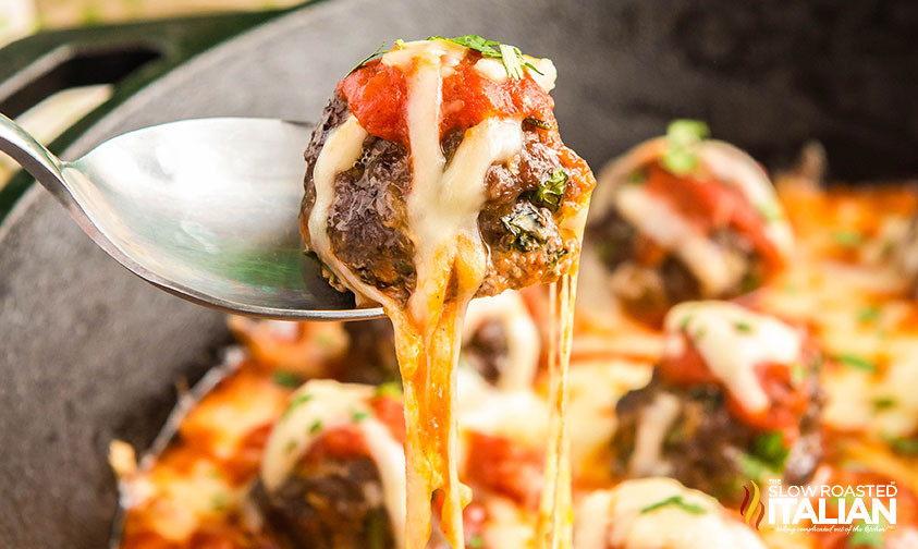 low carb meatball casserole recipe on a spoon