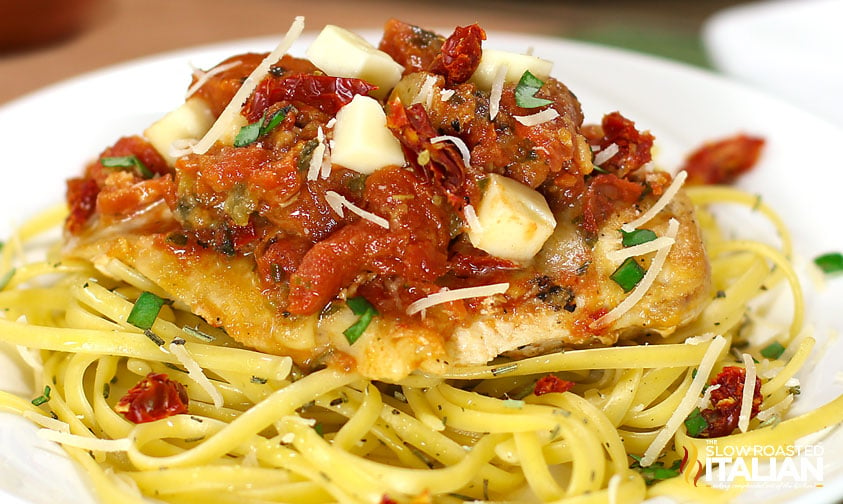 plate of chicken bruschetta pasta