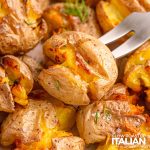 closeup of air fryer smashed potatoes
