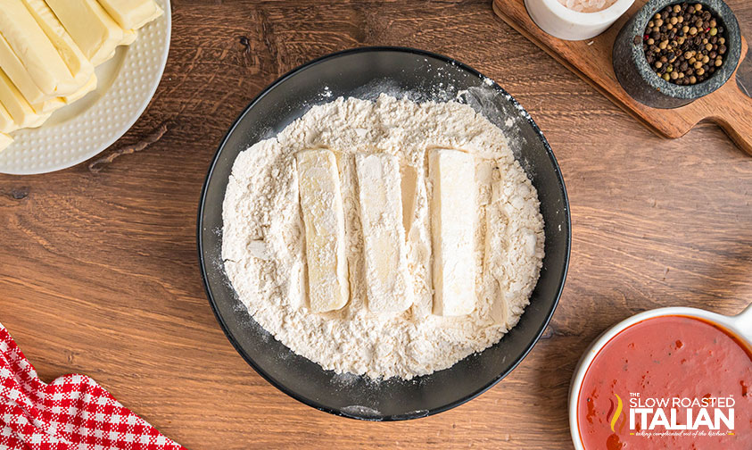 cheese sticks dredged in flour