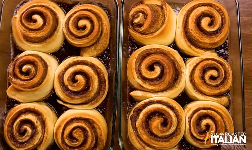 side by side pans of cinnabon cinnamon rolls