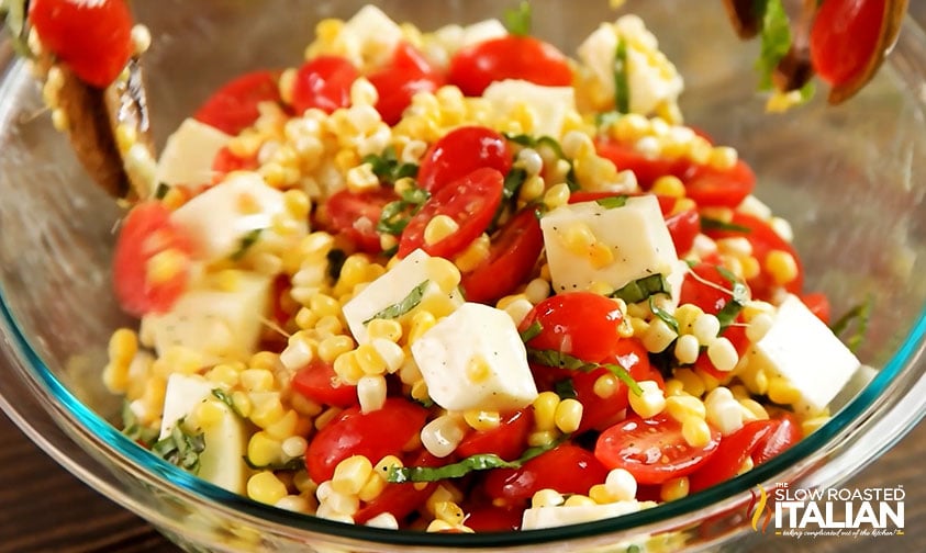 corn salad with tomatoes, mozzarella, and basil