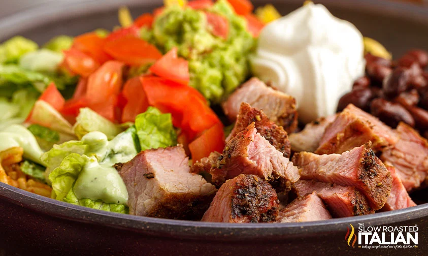 closeup: copycat taco bell power bowl with steak