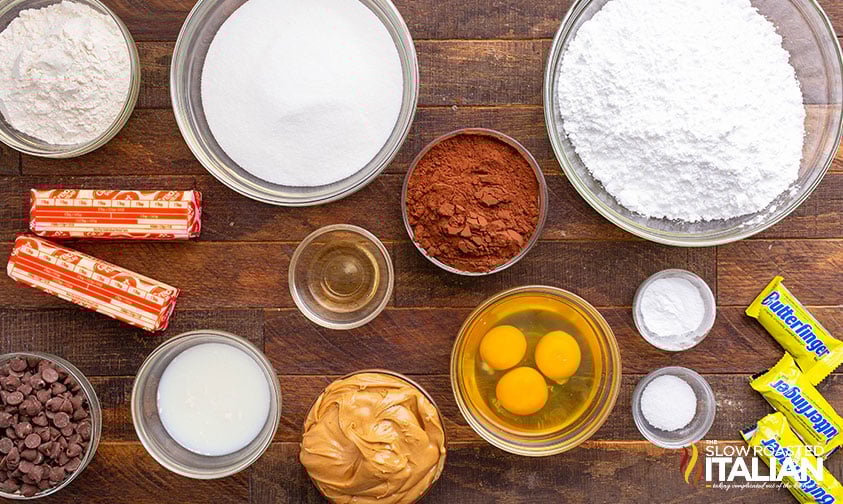 ingredients to make butterfinger loaded brownies