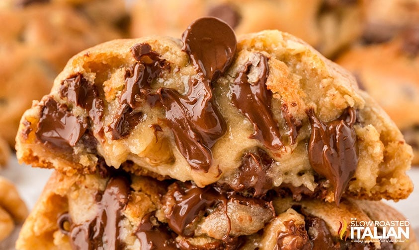 the inside of a gooey chocolate chip cookie