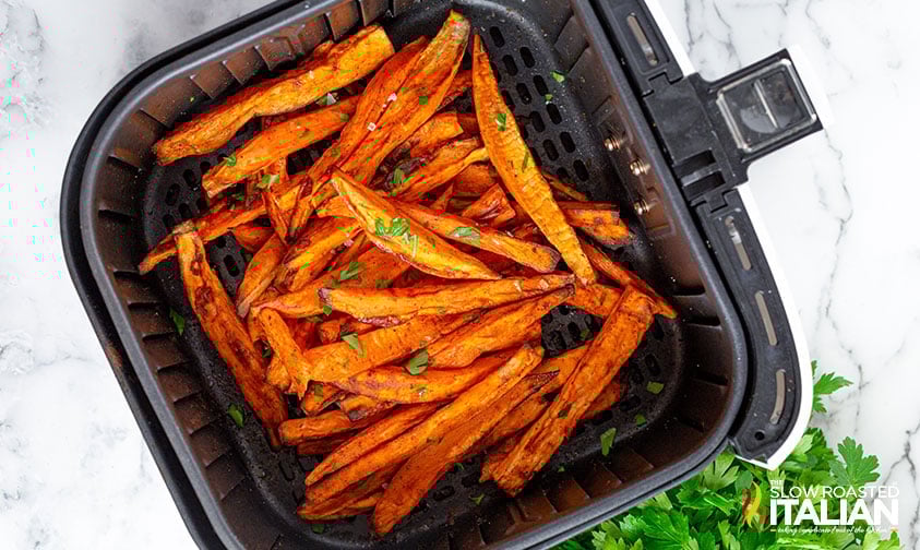crispy sweet potato fries in air fryer basket