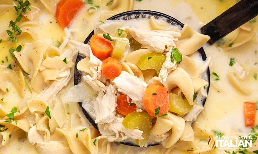 ladling creamy chicken noodle soup from slow cooker