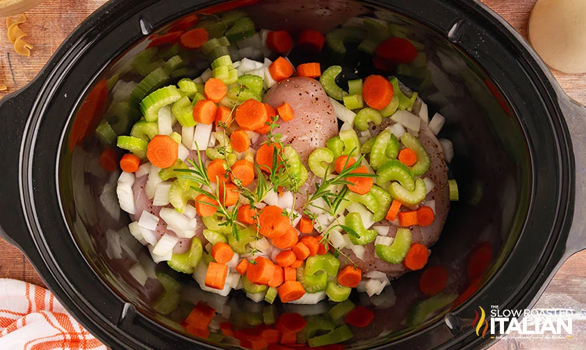 chicken breasts, diced veggies, herbs, and seasonings in slow cooker