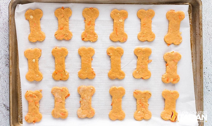 bone-shaped dog biscuit dough in rows on parchment-lined baking sheet