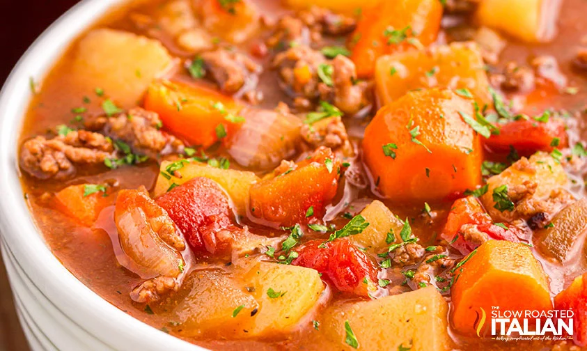 closeup: bowl of ground beef stew with potatoes, carrots, and onions