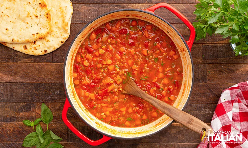 wooden spoon in pot of italian soup with lentils