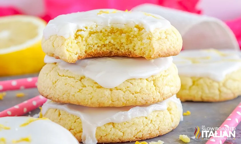 stacked cake mix lemon cookies with glaze