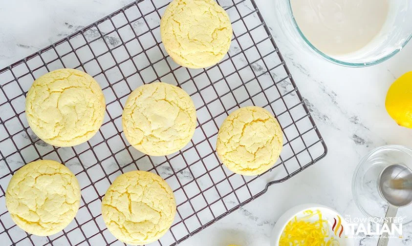 cooling lemon cake cookies on a wire rack