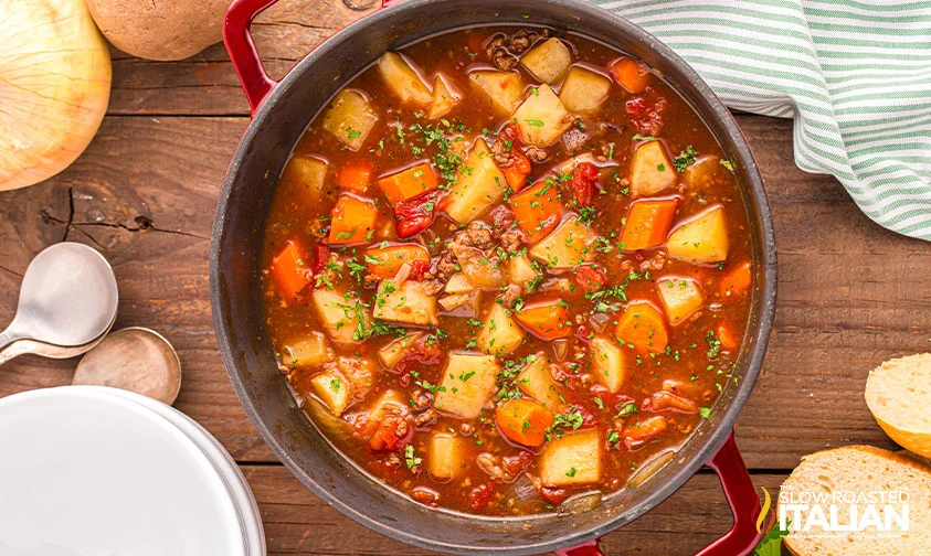 pot of hamburger poor man's stew topped with chopped parsley
