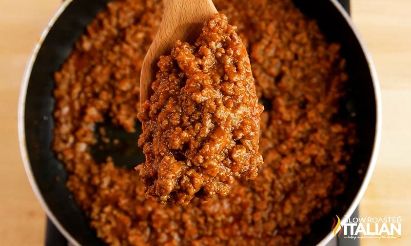 wooden spoonful of homemade sloppy joe filling
