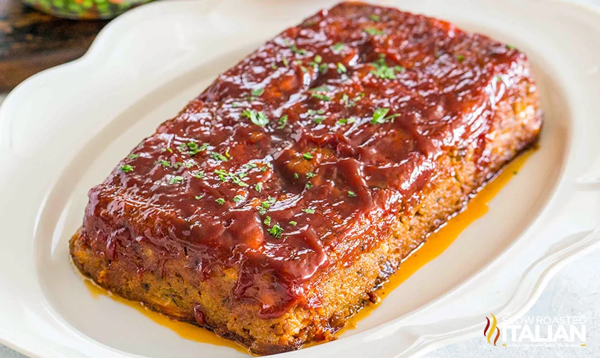 Cracker Barrel copycat meatloaf on white serving tray