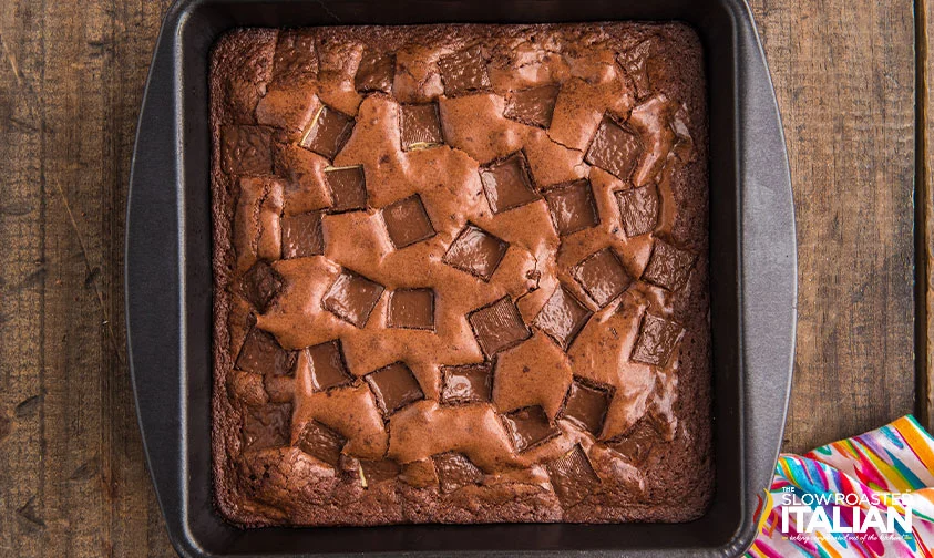 square pan of brownies with Andes mint pieces
