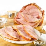 closeup of maple glazed ham slice on a plate