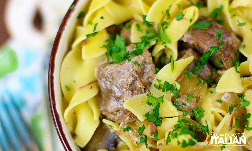 closeup: crock pot stroganoff with egg noodles