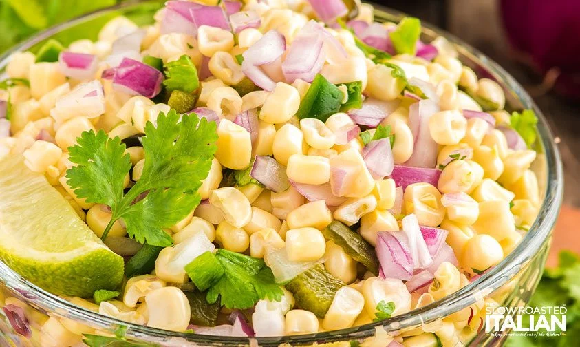 closeup: bowl of corn salsa chipotle copycat